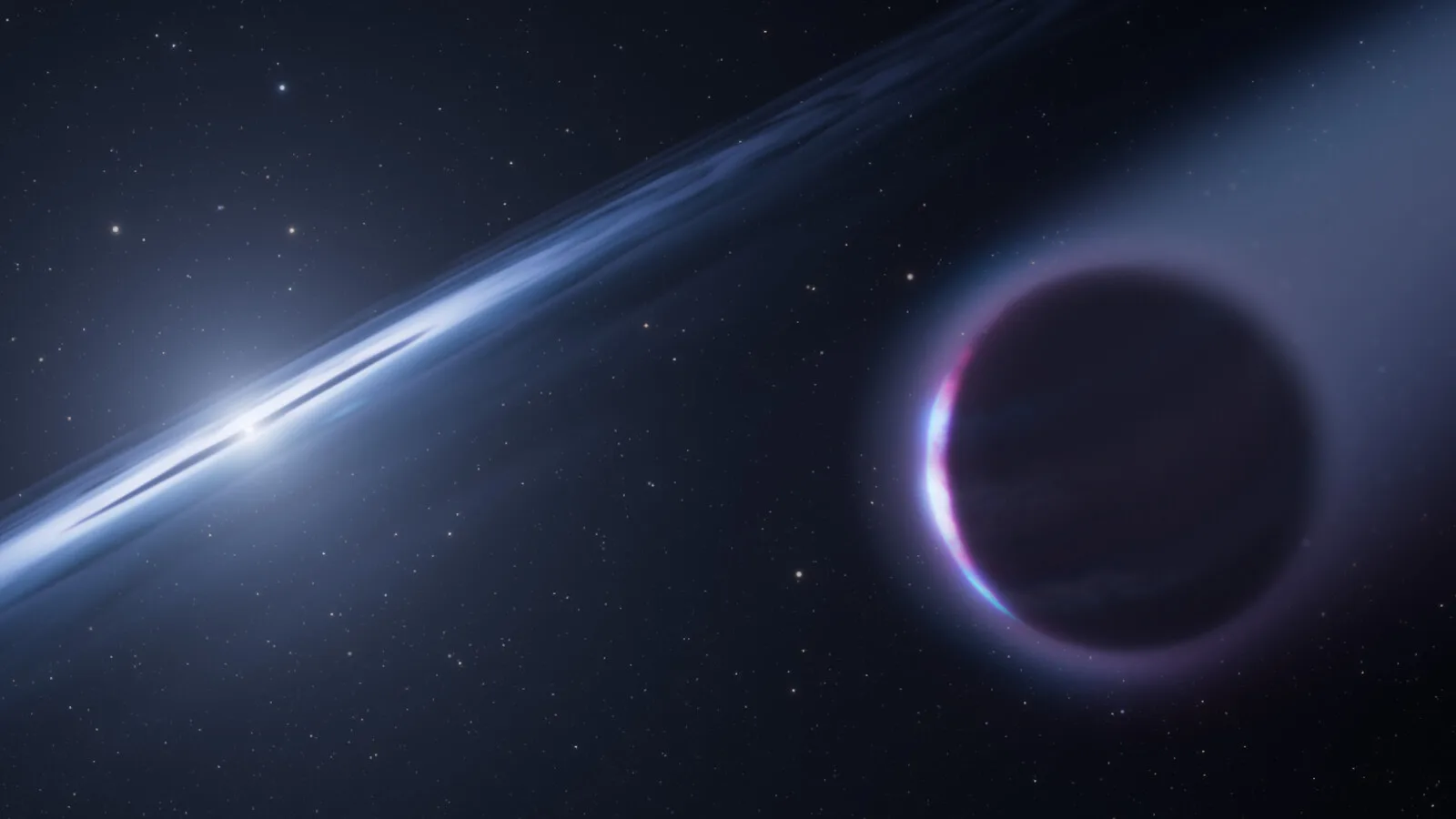 Ilustração de um planeta gigante escuro com uma cauda de gás, ao lado de um disco brilhante em redor de uma estrela
