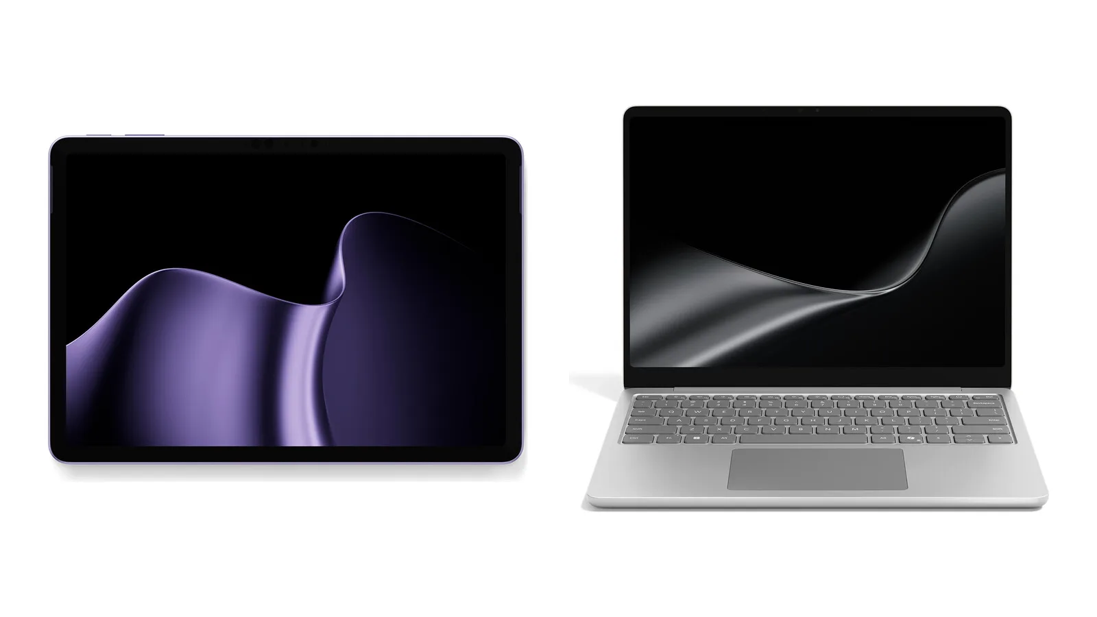 Surface Pro de 12 polegadas em violeta, visto de frente sem teclado, ao lado de um Surface Laptop de 13 polegadas cinzento-claro aberto, sobre fundo branco