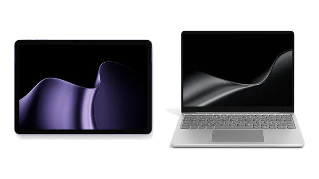 Surface Pro de 12 polegadas em violeta, visto de frente sem teclado, ao lado de um Surface Laptop de 13 polegadas cinzento-claro aberto, sobre fundo branco