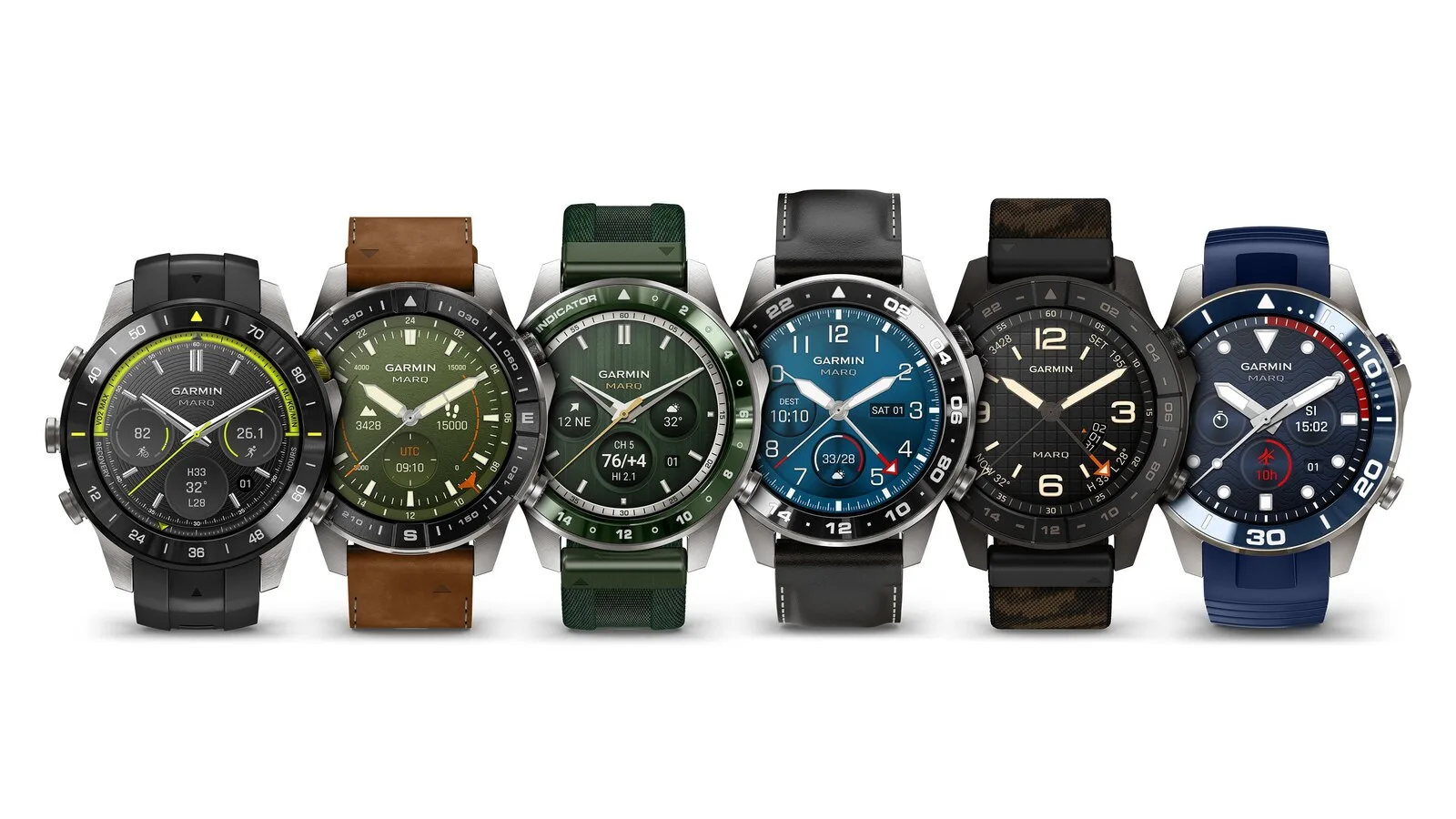 Seis relógios Garmin MARQ de terceira geração lado a lado, com braceletes preta, castanha, verde, de pele preta, camuflada e azul