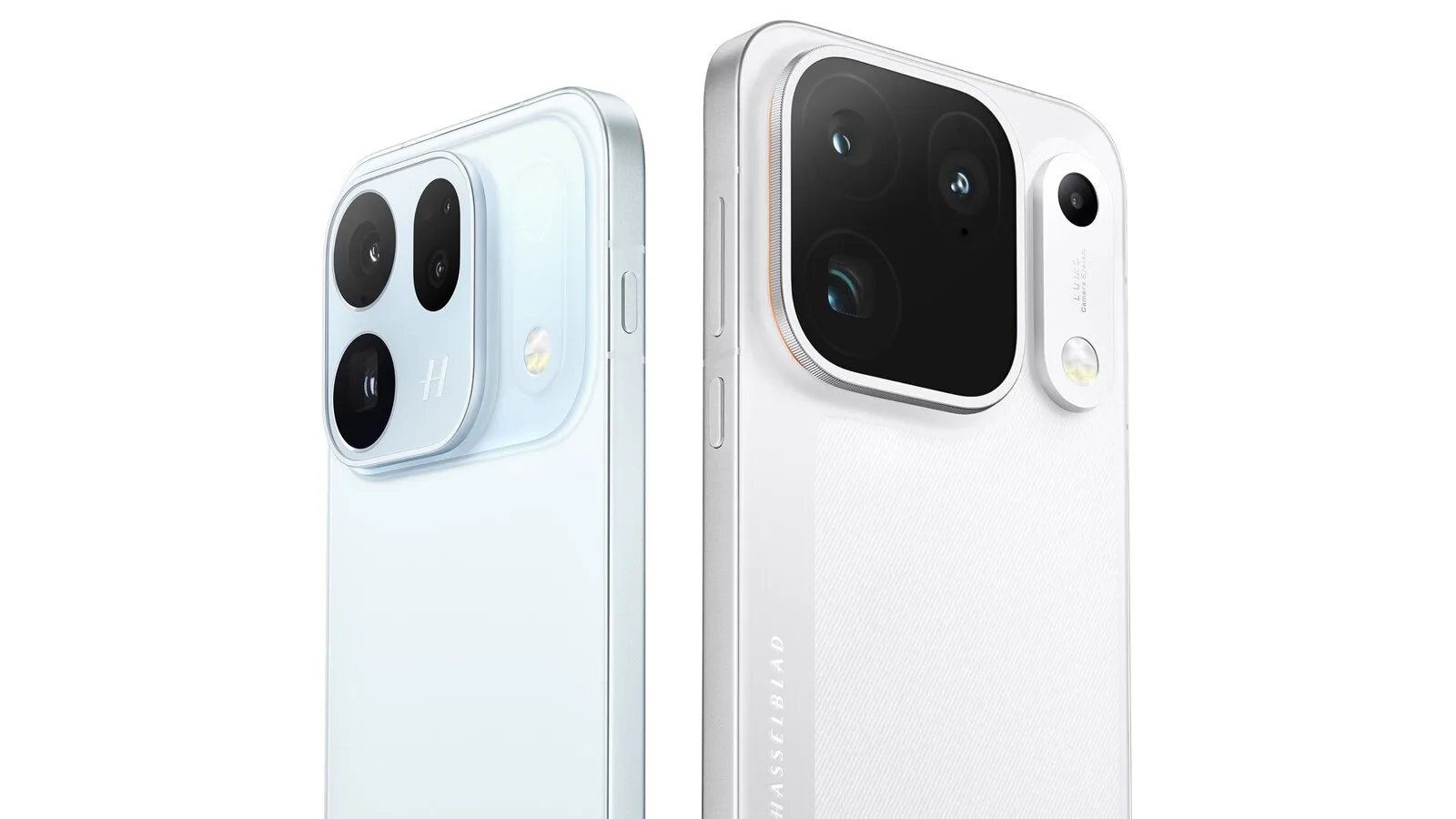 Dois telemóveis OPPO Find X10 vistos de trás, um azul-claro e um branco, com os módulos de câmara em destaque