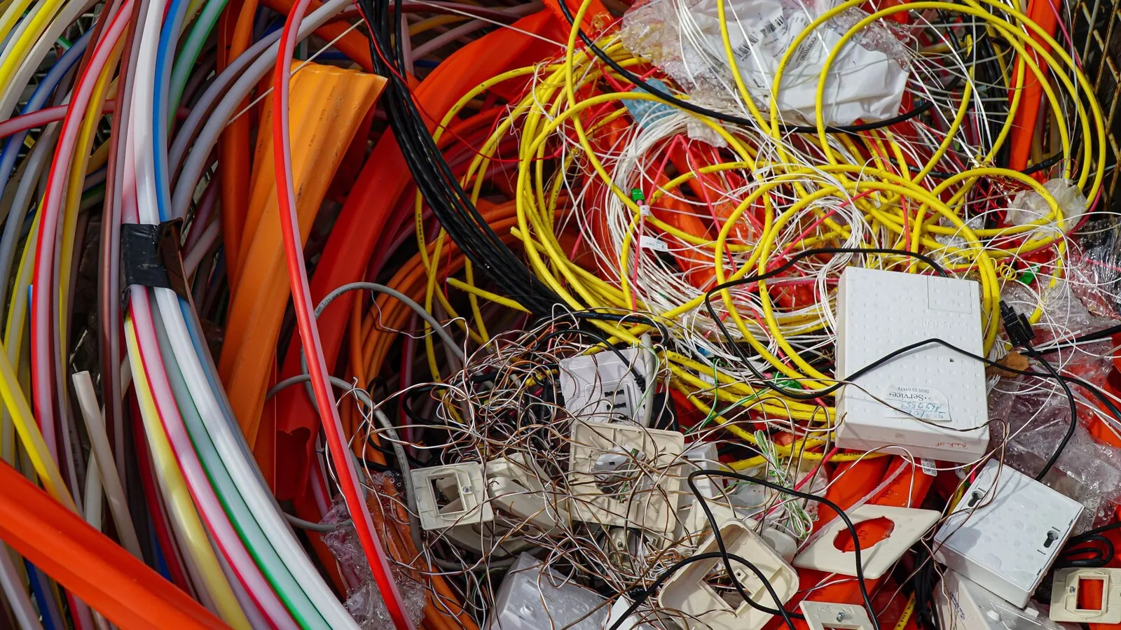 Monte de cabos elétricos de várias cores emaranhados, com caixas de tomada e pequenas peças de plástico branco, prontos para reciclagem