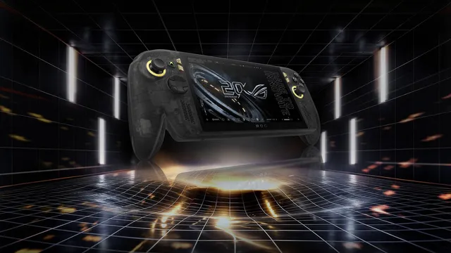 Consola portátil ROG XBOX Ally X20 com corpo preto translúcido e anéis dourados à volta dos manípulos, a flutuar sobre um chão quadriculado iluminado