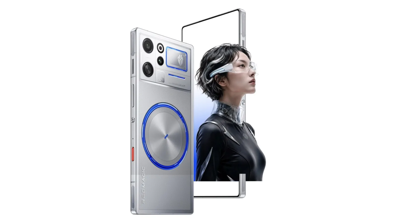 Telemóvel RedMagic 12 Pro+ prateado visto de trás, com um anel azul iluminado à volta do módulo de arrefecimento, ao lado do ecrã e de uma modelo com óculos futuristas