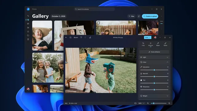 Janela da nova galeria da app Fotografias do Windows 11 com várias fotografias de crianças e, à frente, o novo editor aberto com os controlos de cor