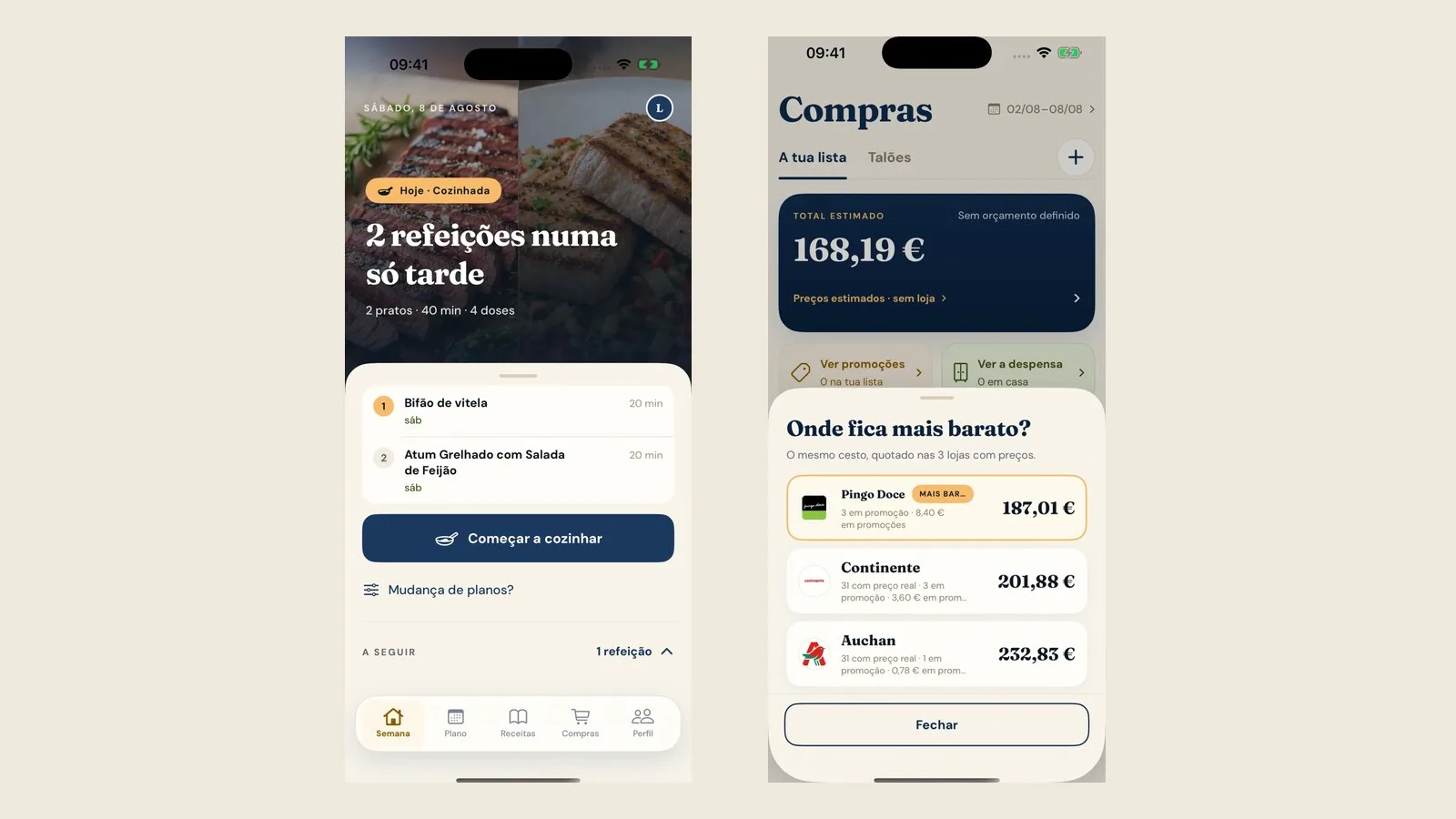Dois ecrãs da aplicação PlanMyMeals: à esquerda o plano de refeições do dia, à direita a comparação do mesmo cabaz no Pingo Doce, Continente e Auchan