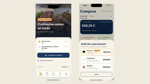 Dois ecrãs da aplicação PlanMyMeals: à esquerda o plano de refeições do dia, à direita a comparação do mesmo cabaz no Pingo Doce, Continente e Auchan