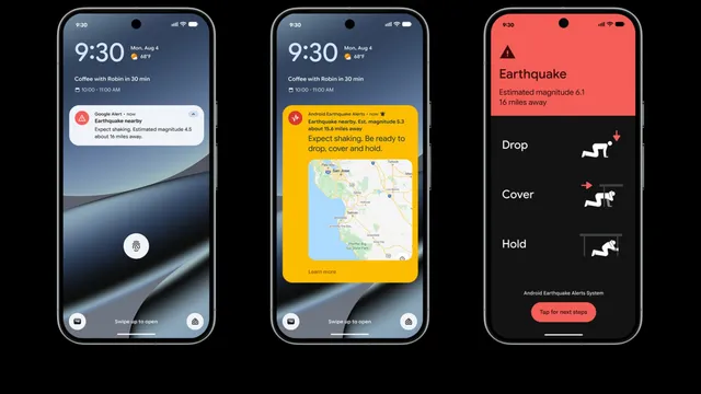 Três ecrãs de telemóvel Android com os três níveis de alerta de sismo: uma notificação simples, um aviso amarelo com mapa e um ecrã vermelho com instruções de proteção