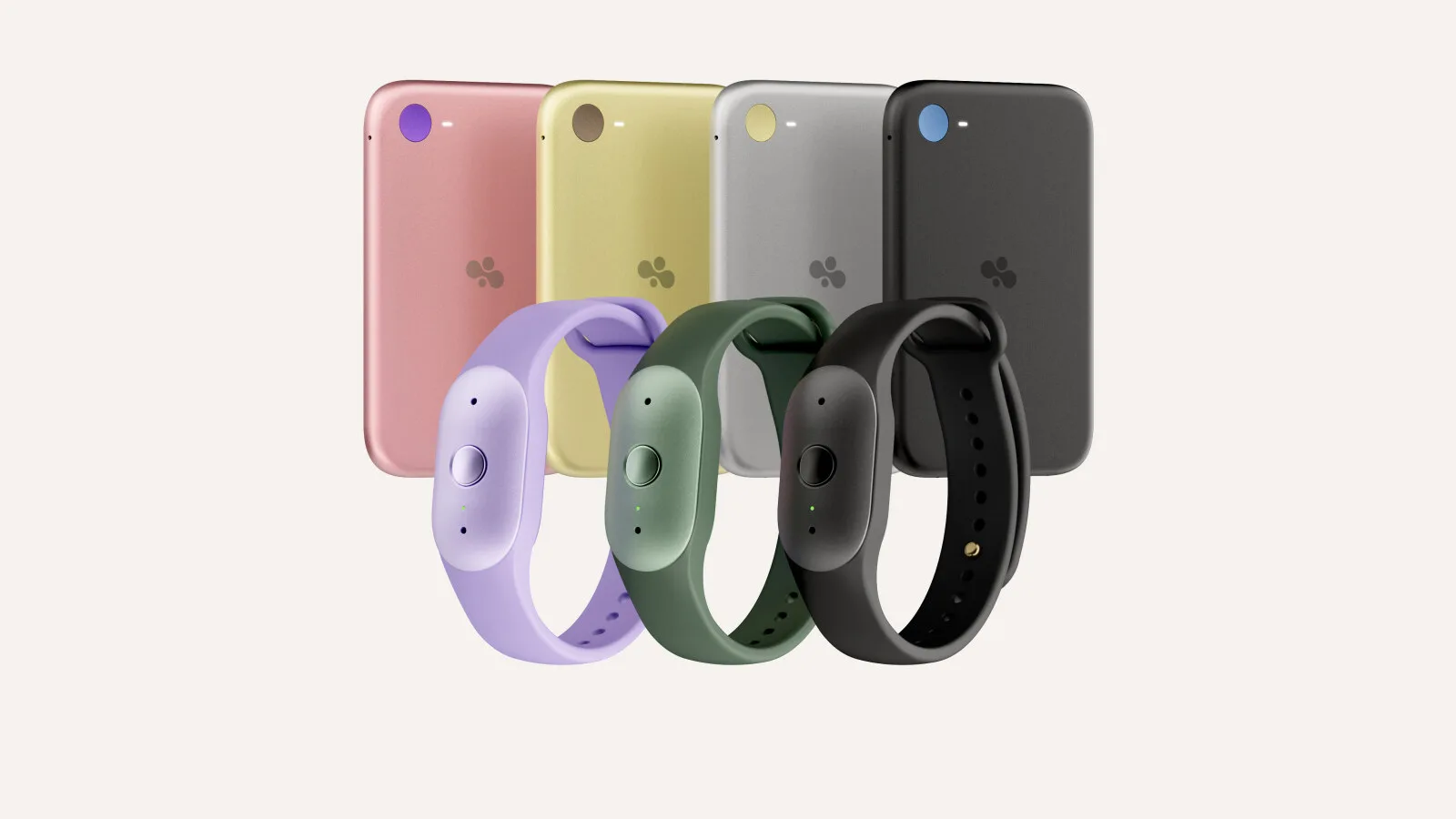 Três pulseiras Bee Frontier em lilás, verde e preto à frente de quatro cartões Bee Eclipse em rosa, amarelo, prateado e preto