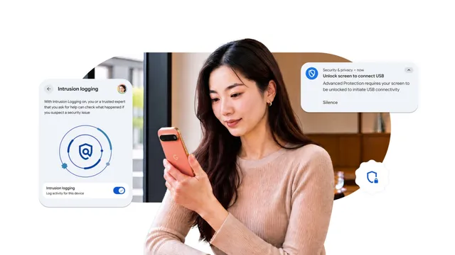 Mulher a olhar para um telemóvel Pixel cor de coral, rodeada por janelas da interface do Android com o registo de intrusões e um aviso para desbloquear o ecrã antes de ligar por USB