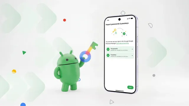 Boneco verde do Android a segurar uma chave colorida ao lado de um telemóvel com o ecrã de importação de palavras-passe e chaves de acesso