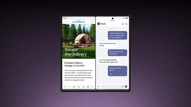 Telemóvel dobrável Samsung aberto, com duas aplicações lado a lado no ecrã, sobre um fundo roxo-escuro