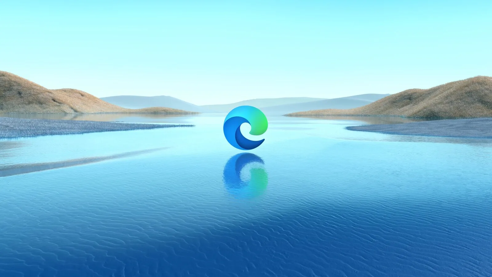 Logótipo do Microsoft Edge em azul e verde a flutuar sobre um lago calmo, com colinas castanhas e céu azul ao fundo