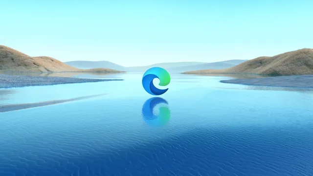 Logótipo do Microsoft Edge em azul e verde a flutuar sobre um lago calmo, com colinas castanhas e céu azul ao fundo