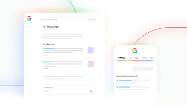 Ilustração de uma página de resultados da Pesquisa Google com uma Vista geral de IA no computador e o separador Modo IA num telemóvel