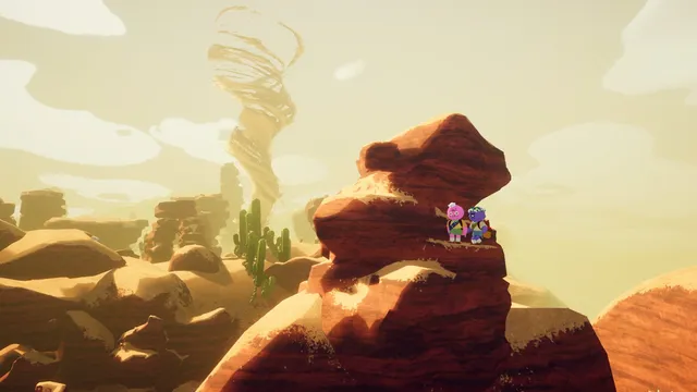 Duas pequenas personagens em cima de uma rocha avermelhada num cenário de deserto com catos, com um tornado ao fundo