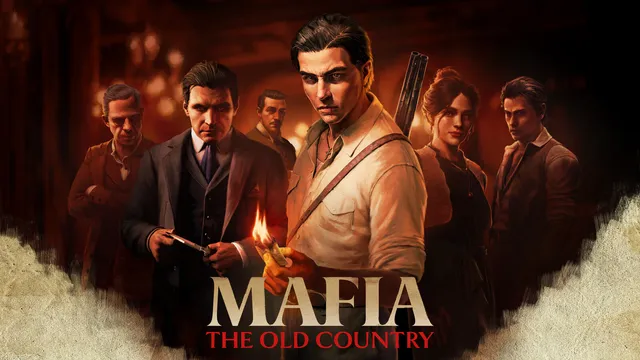 Ilustração de Mafia: The Old Country com o protagonista Enzo Favara de camisa clara, rodeado por homens de fato num ambiente escuro, à luz de uma pequena chama