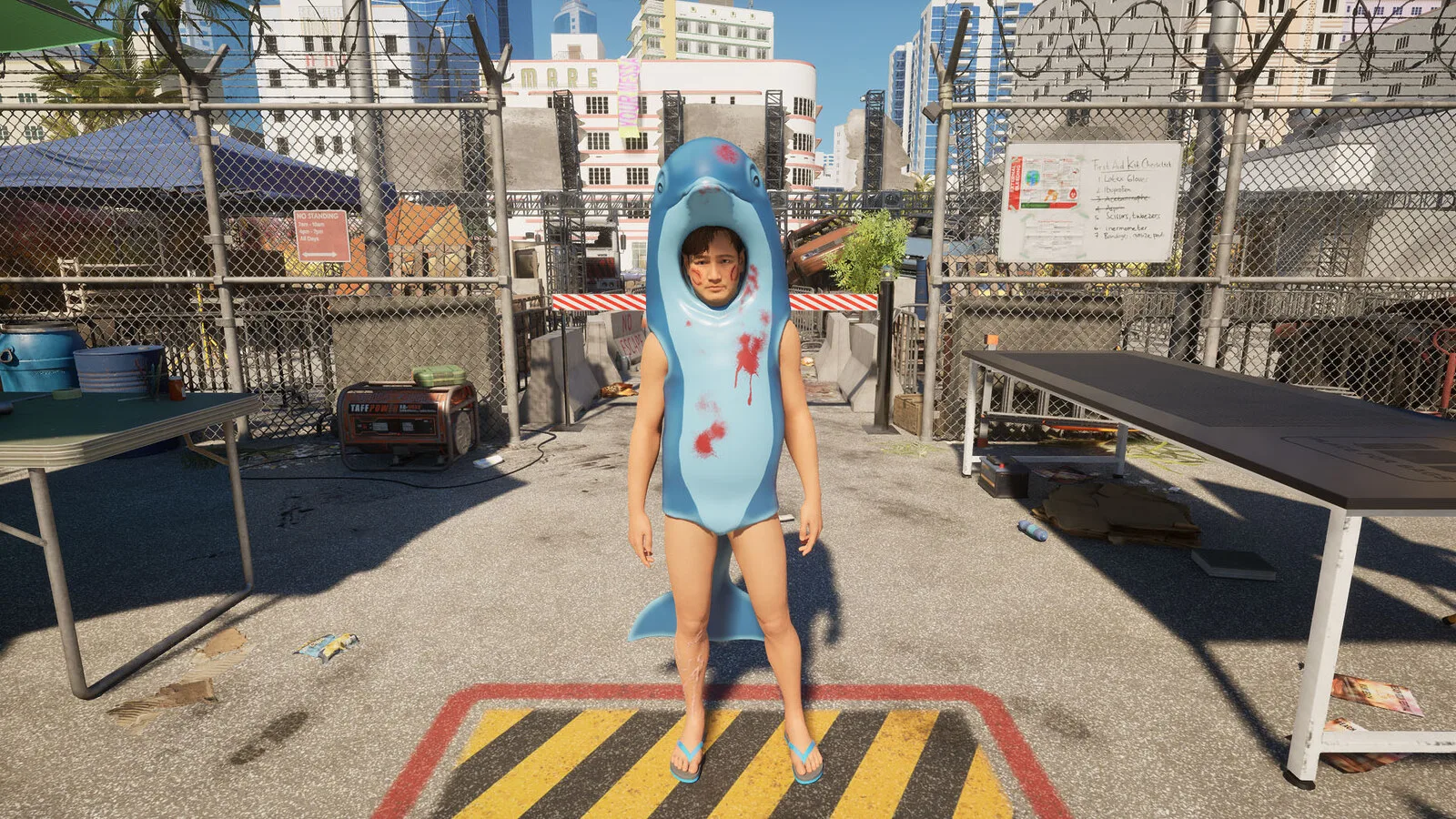 Sobrevivente vestida com um fato de tubarão azul manchado de sangue, num posto de controlo ao ar livre, com vedação de arame farpado e prédios e palmeiras ao fundo