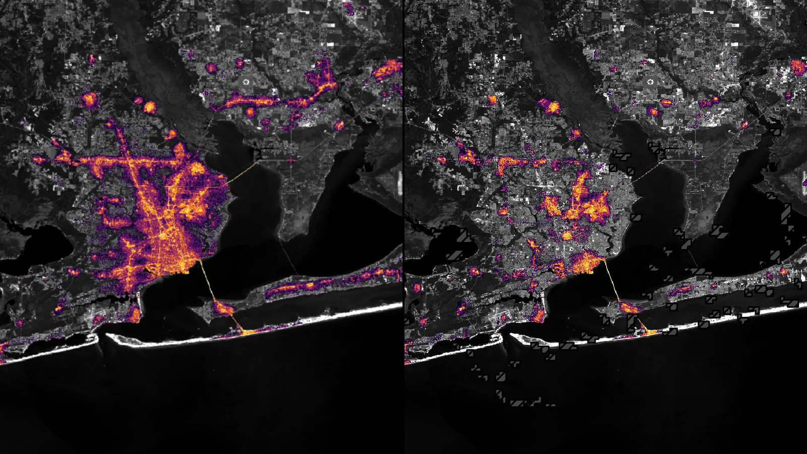 Duas imagens de satélite noturnas lado a lado da zona de Pensacola: à esquerda, a cidade muito iluminada a laranja; à direita, as luzes muito reduzidas
