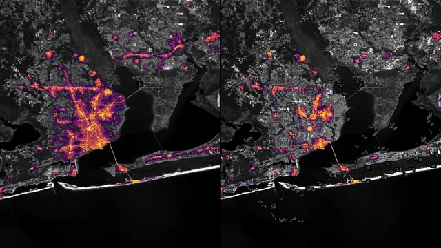 Duas imagens de satélite noturnas lado a lado da zona de Pensacola: à esquerda, a cidade muito iluminada a laranja; à direita, as luzes muito reduzidas