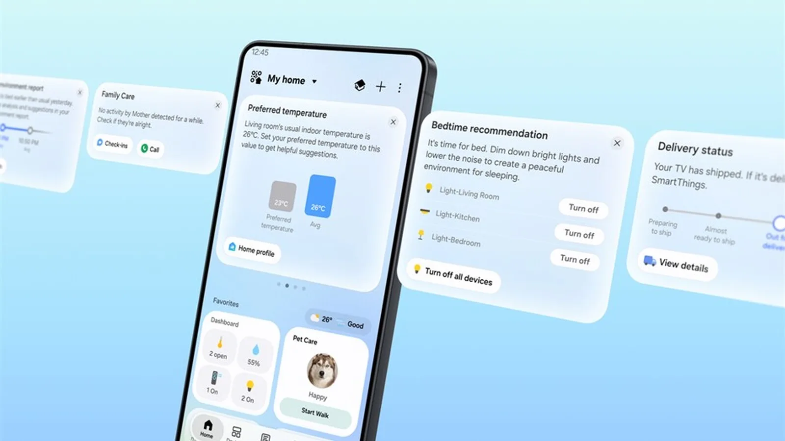 Telemóvel com a app SmartThings aberta no separador Início, rodeado de cartões flutuantes com sugestões de temperatura, rotina de deitar, alerta Family Care e estado de uma entrega