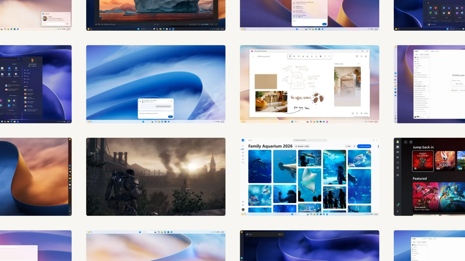 Mosaico de capturas de ecrã do Windows 11 com o menu Iniciar, notificações do telemóvel, a app Fotografias, o Ink Canvas e a app Xbox