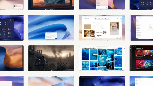 Mosaico de capturas de ecrã do Windows 11 com o menu Iniciar, notificações do telemóvel, a app Fotografias, o Ink Canvas e a app Xbox