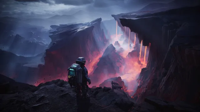 Personagem de fato espacial, de costas, numa encosta rochosa diante de um vale com rios de lava, em The Alters