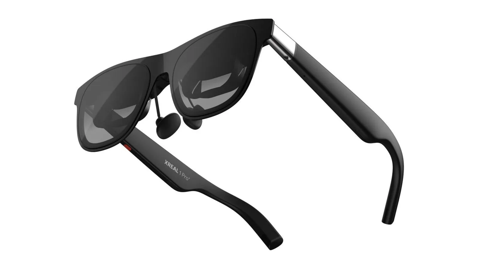Óculos XREAL 1 Pro+ pretos vistos de lado, com lentes escuras, apoios de nariz e a inscrição XREAL 1 Pro+ na haste, sobre fundo branco