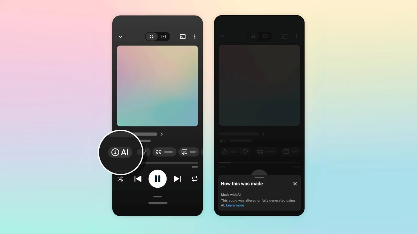 Dois ecrãs do leitor do YouTube Music: num, um botão com a sigla AI em destaque; no outro, o menu que explica que o áudio foi gerado com IA