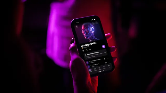 Mão a segurar um telemóvel com a app do Deezer aberta num álbum assinalado como conteúdo gerado por IA, com luz roxa e vermelha ao fundo