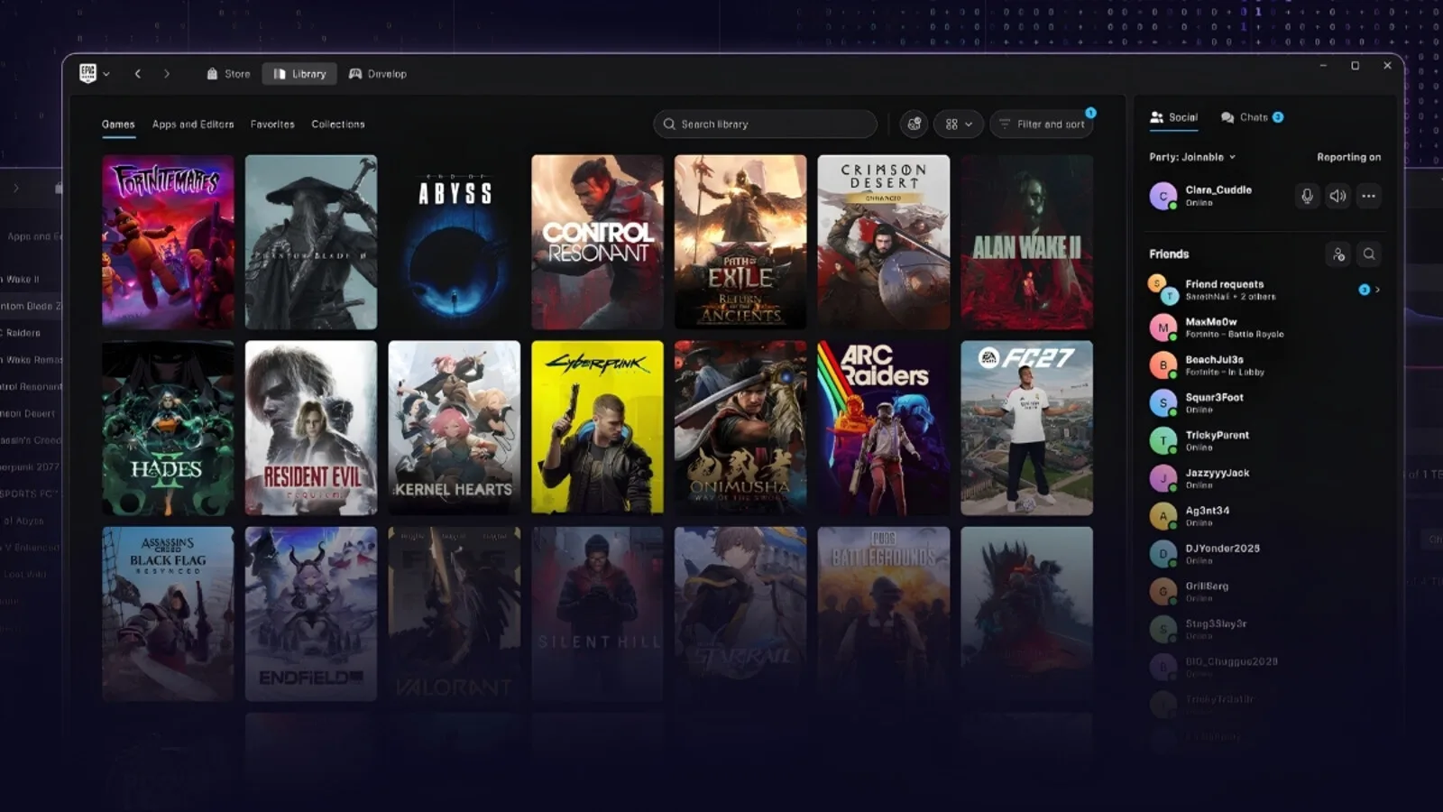 Janela do novo Epic Games Launcher com a biblioteca de jogos em grelha e a lista de amigos à direita