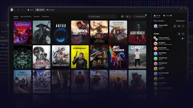 Janela do novo Epic Games Launcher com a biblioteca de jogos em grelha e a lista de amigos à direita