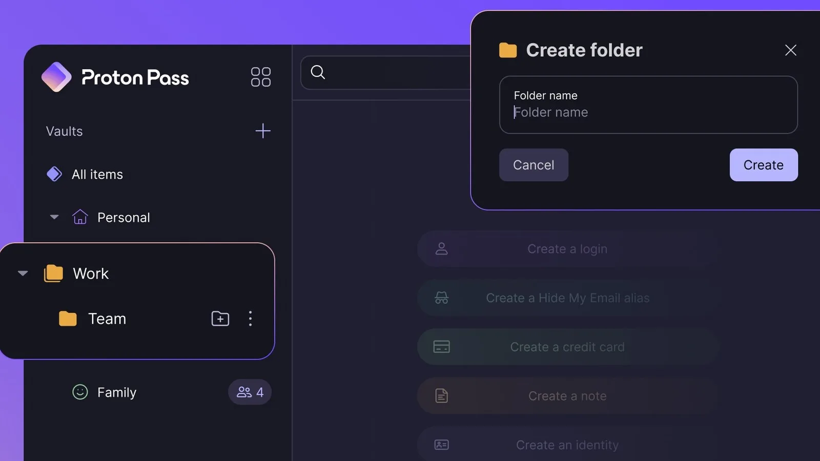 Interface do Proton Pass em modo escuro, com uma pasta Work e uma subpasta Team no menu lateral e a janela de criar pasta aberta
