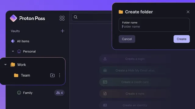 Interface do Proton Pass em modo escuro, com uma pasta Work e uma subpasta Team no menu lateral e a janela de criar pasta aberta