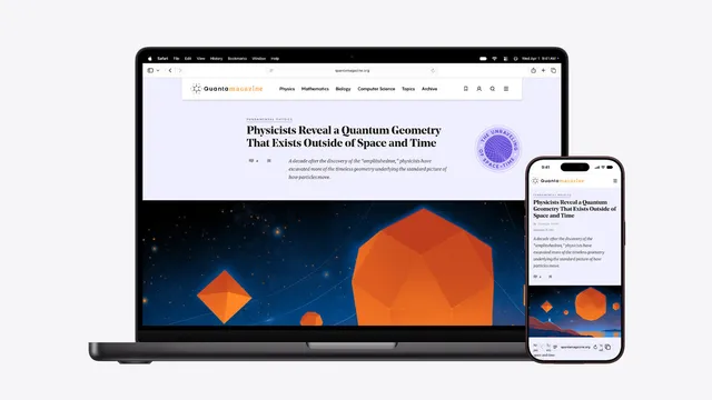 MacBook e iPhone lado a lado, ambos com a mesma página de uma revista online aberta no Safari