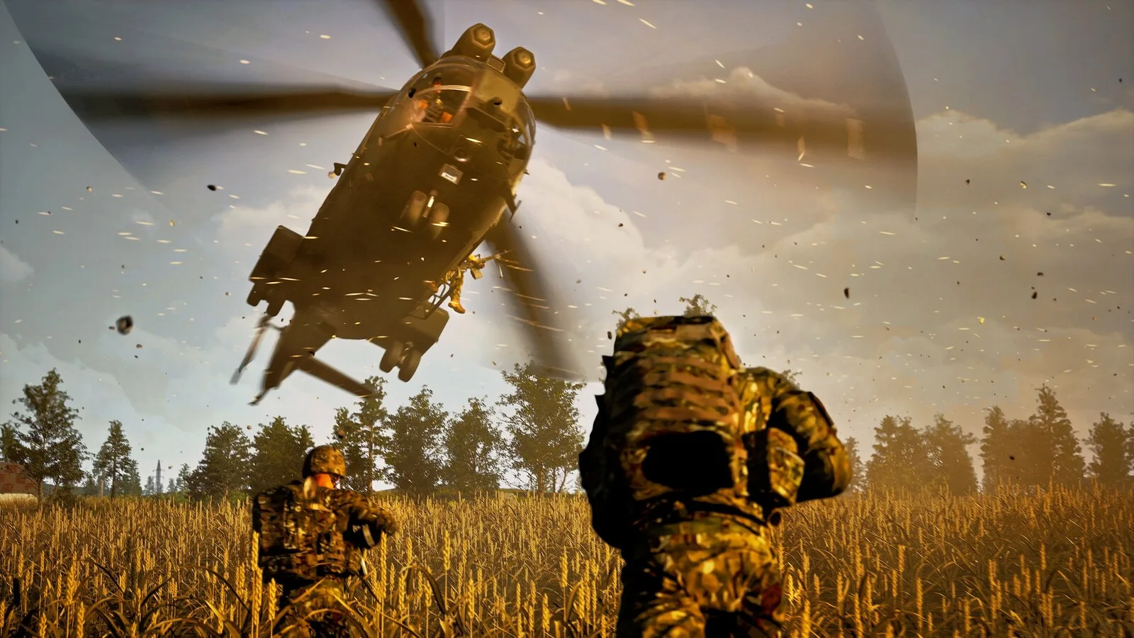 Dois soldados com mochilas e camuflado correm num campo de trigo em direção a um helicóptero militar que levanta voo, com árvores ao fundo