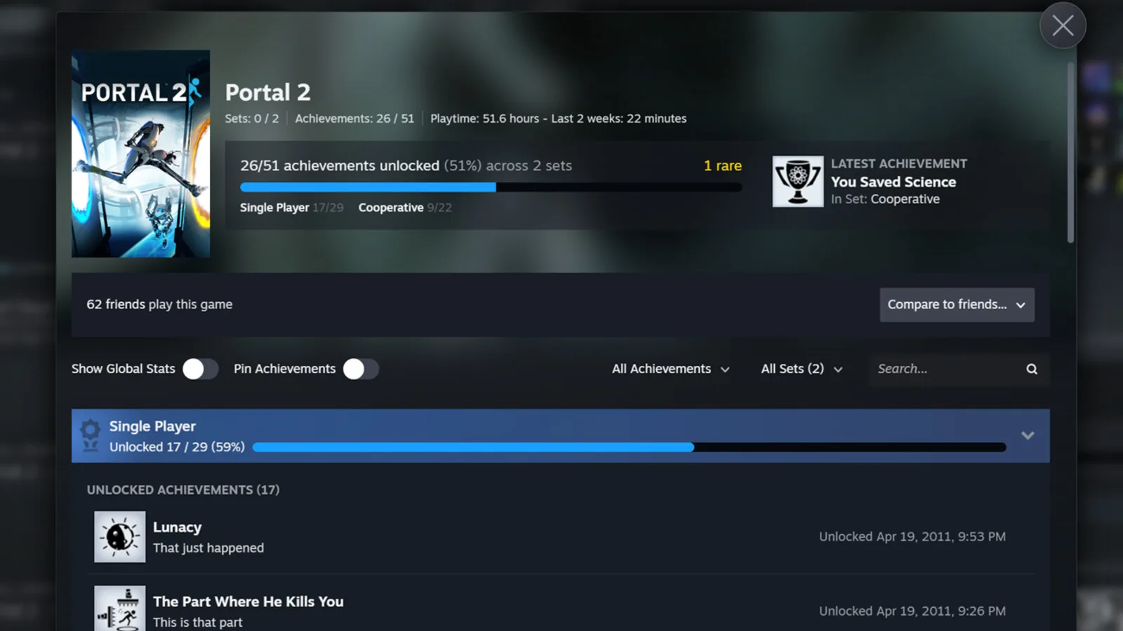 Nova página de conquistas do Steam para Portal 2, com 26 de 51 conquistas desbloqueadas em dois conjuntos, Single Player e Cooperative, e uma barra de progresso azul
