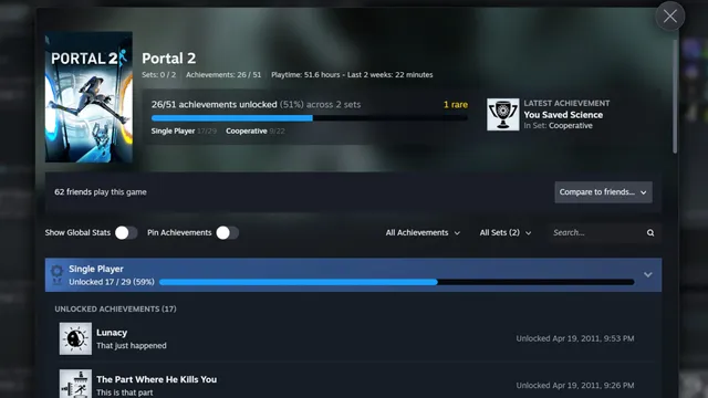Nova página de conquistas do Steam para Portal 2, com 26 de 51 conquistas desbloqueadas em dois conjuntos, Single Player e Cooperative, e uma barra de progresso azul