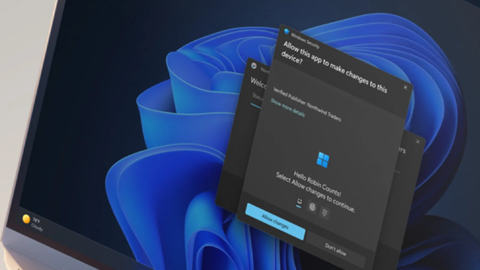 Ecrã de um portátil com Windows 11 a mostrar a janela da Segurança do Windows que pede autorização para uma aplicação fazer alterações, com opções de rosto, impressão digital e PIN