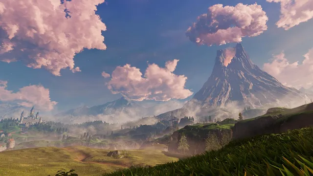 Paisagem de um vale verdejante com um castelo à esquerda e um vulcão coberto por uma nuvem cor-de-rosa à direita, sob um céu azul