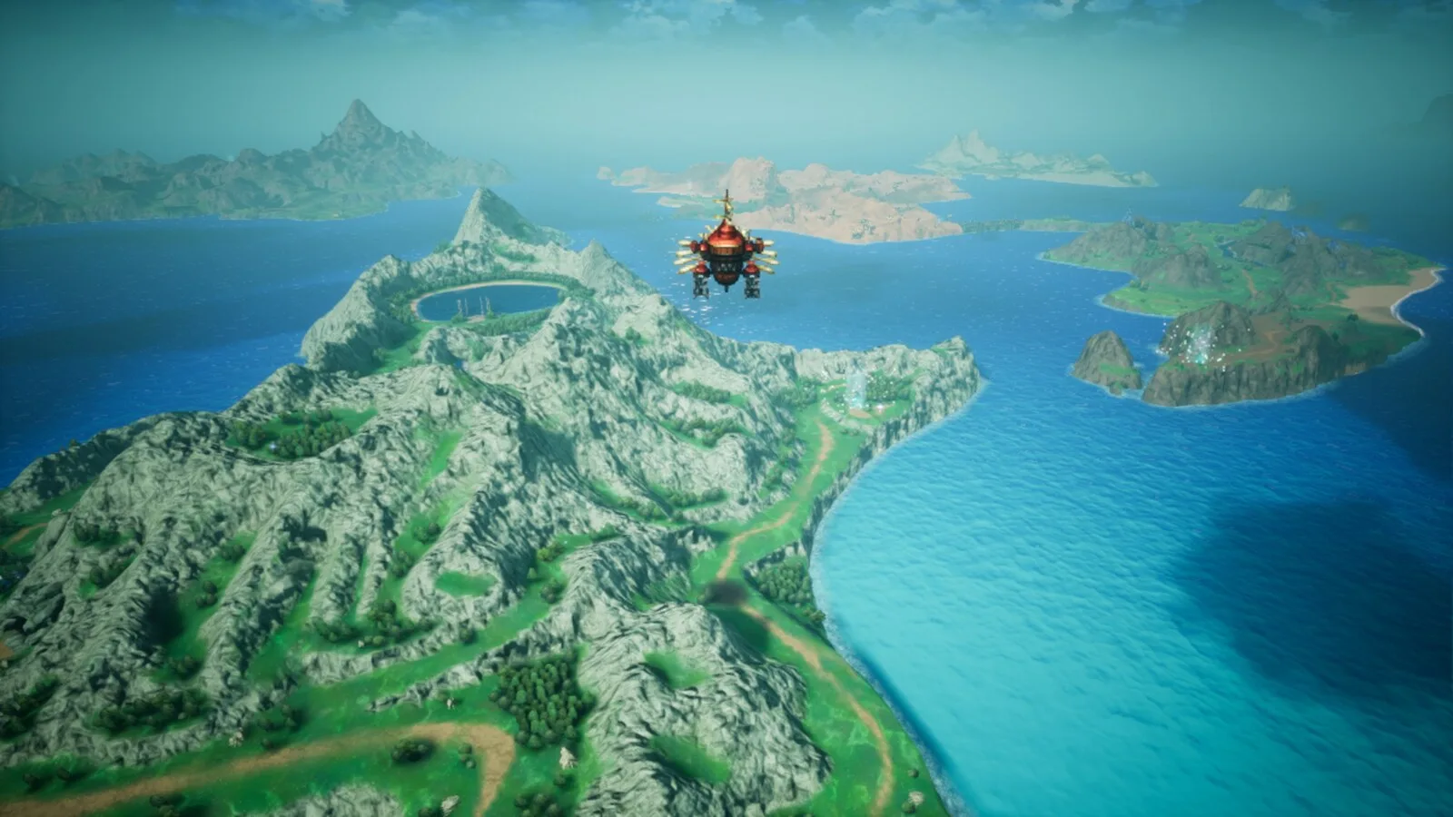 Nave voadora vermelha sobre um arquipélago de ilhas montanhosas rodeadas de mar azul, numa imagem do jogo Final Fantasy Resonance