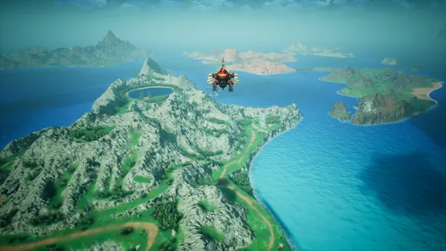 Nave voadora vermelha sobre um arquipélago de ilhas montanhosas rodeadas de mar azul, numa imagem do jogo Final Fantasy Resonance