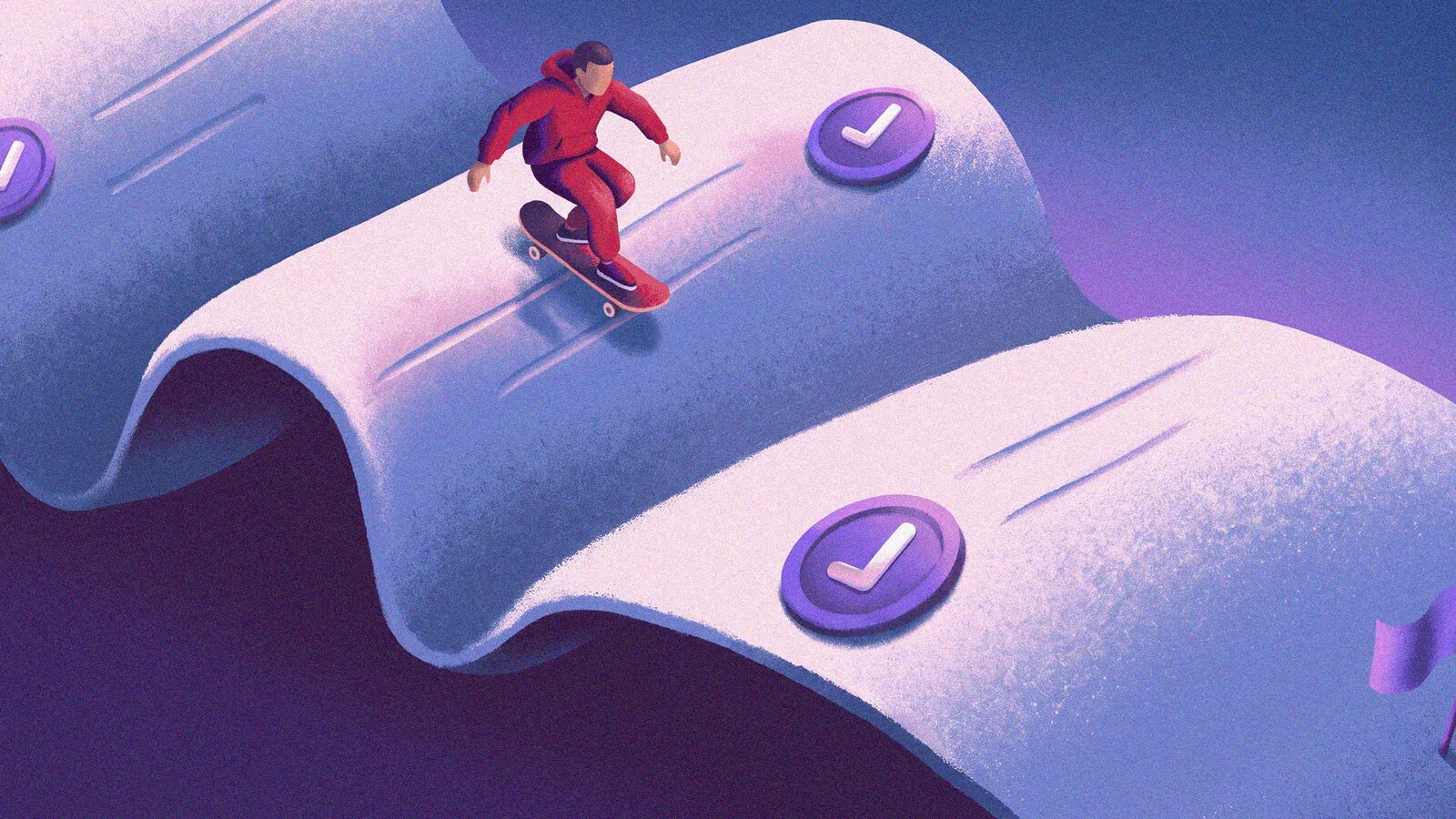 Ilustração de uma pessoa de fato de treino vermelho a andar de skate sobre uma faixa ondulada com sinais de visto, que representa um plano de trabalho