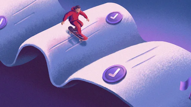Ilustração de uma pessoa de fato de treino vermelho a andar de skate sobre uma faixa ondulada com sinais de visto, que representa um plano de trabalho
