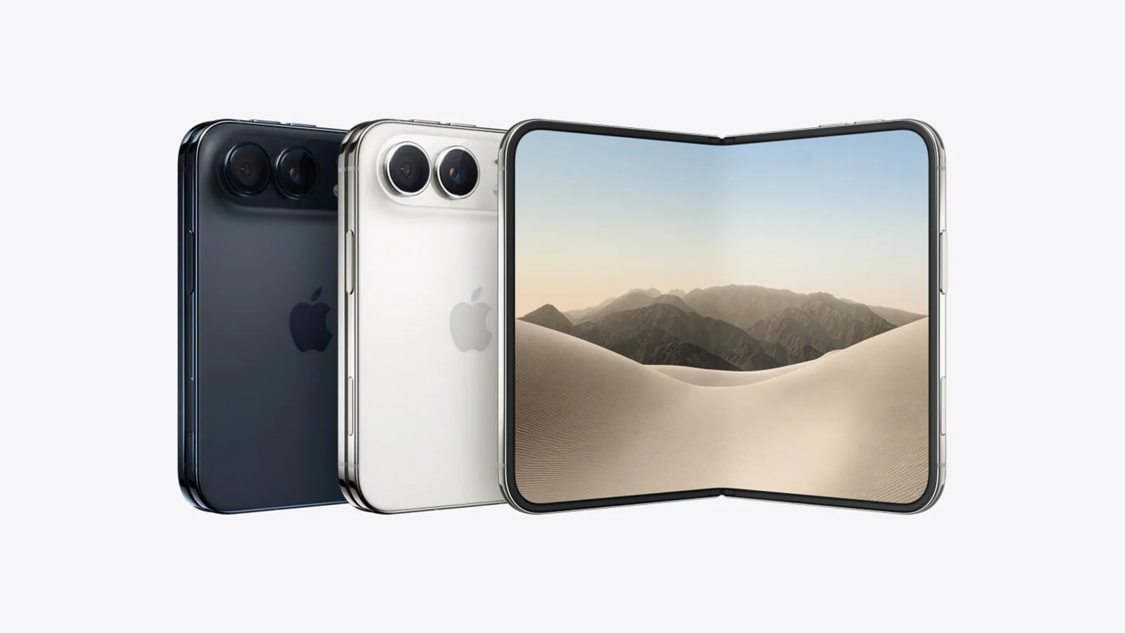 Três iPhone Duo lado a lado: dois fechados, vistos de trás, em azul-escuro e branco, e um aberto a mostrar no ecrã interior uma paisagem de dunas e montanhas