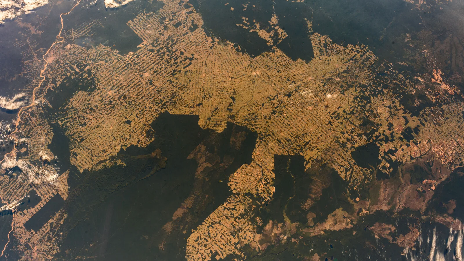 Fotografia tirada da Estação Espacial Internacional que mostra uma grande mancha castanha de terreno desflorestado, em padrão de espinha de peixe, no meio da floresta amazónica verde-escura