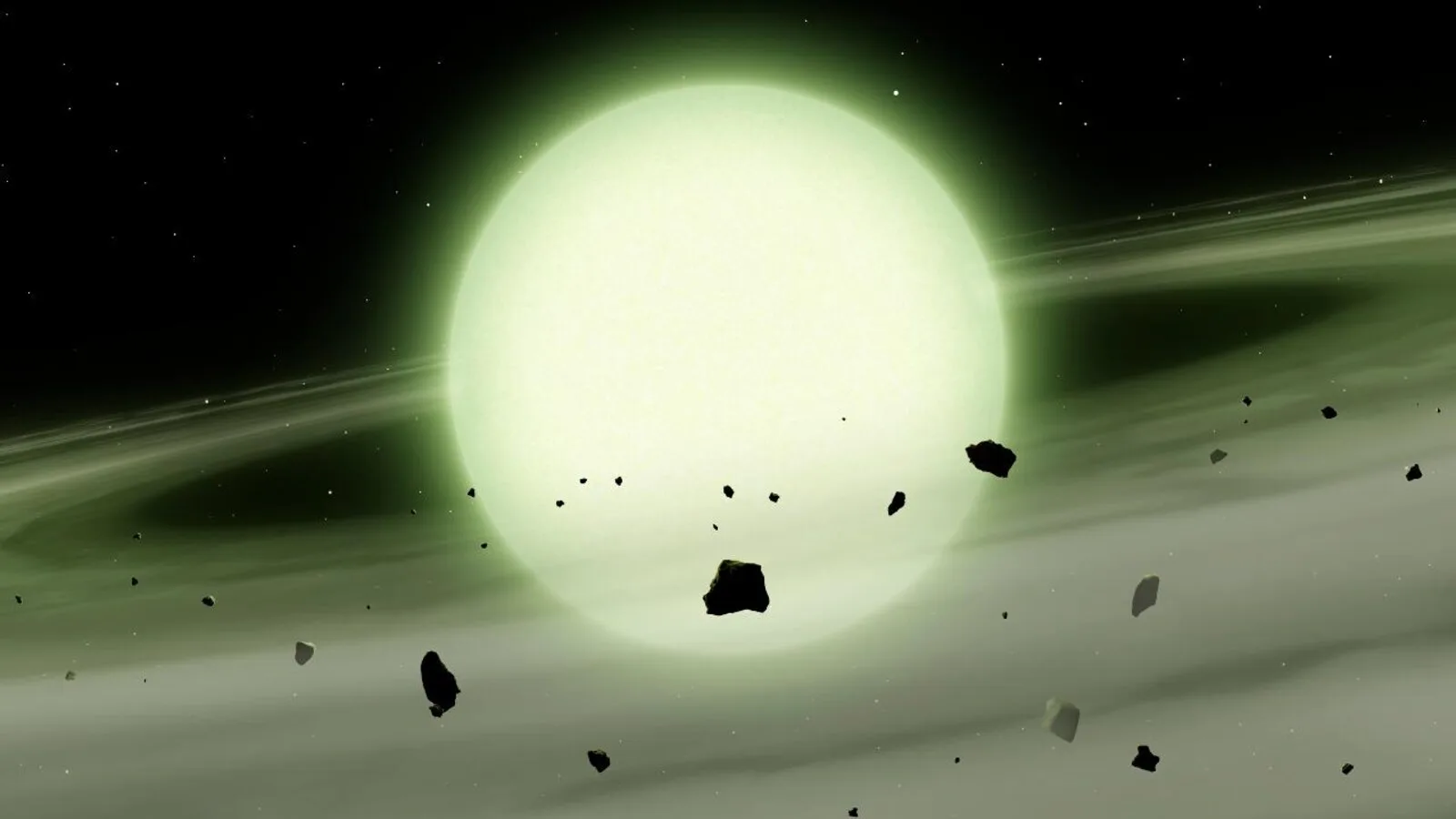 Ilustração de uma estrela de brilho verde-claro rodeada por um disco de poeira e fragmentos de rocha, sobre um fundo de espaço com estrelas