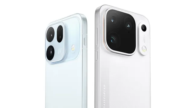 Dois telemóveis OPPO vistos de trás: à esquerda o Find X10 em azul-claro, com três câmaras e um H da Hasselblad, à direita o Find X10 Pro Max branco, com um grande módulo quadrado de câmaras