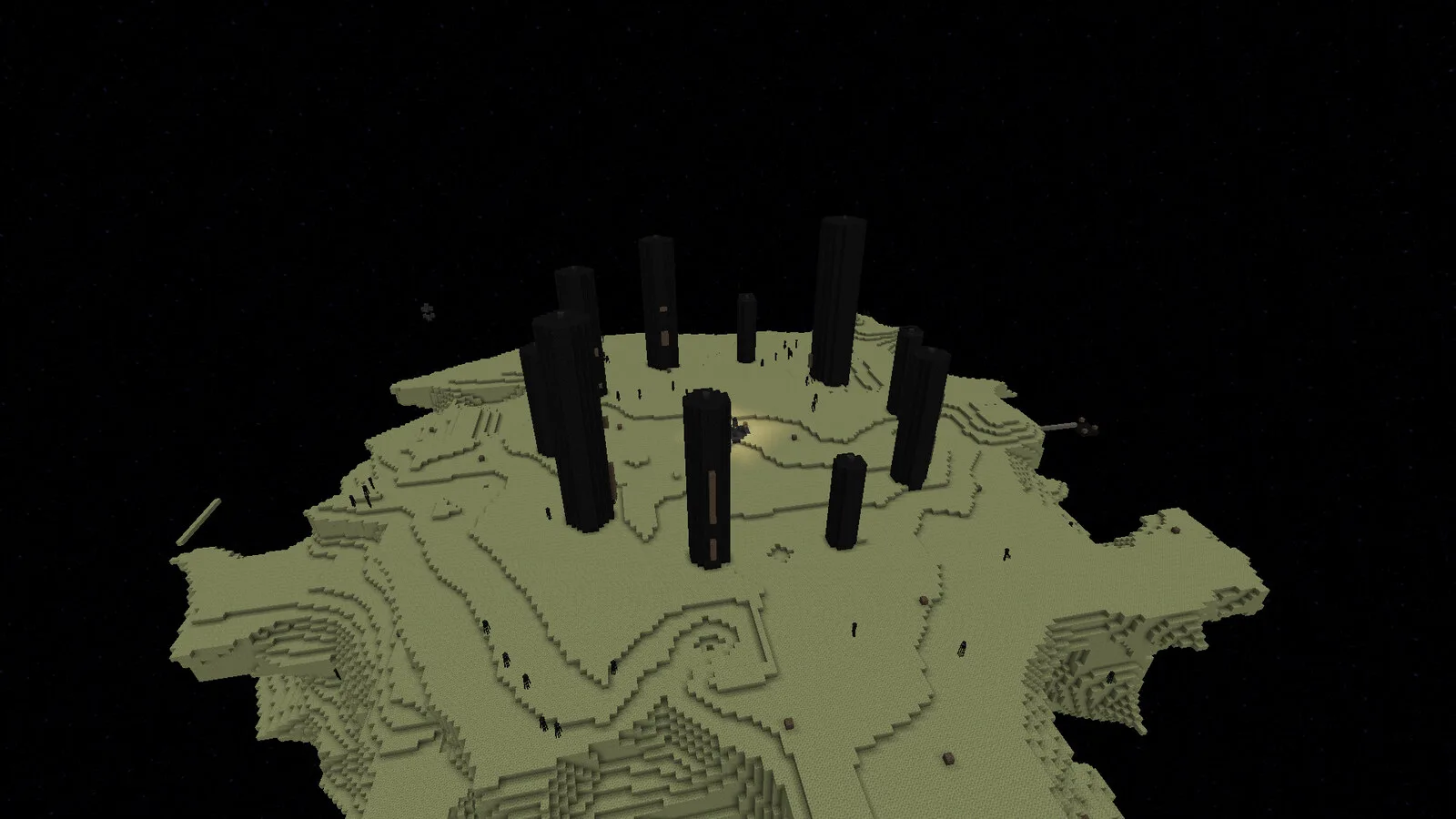 Ilha do End do Minecraft vista de cima, com os pilares de obsidiana negros sobre o terreno amarelado e o céu escuro